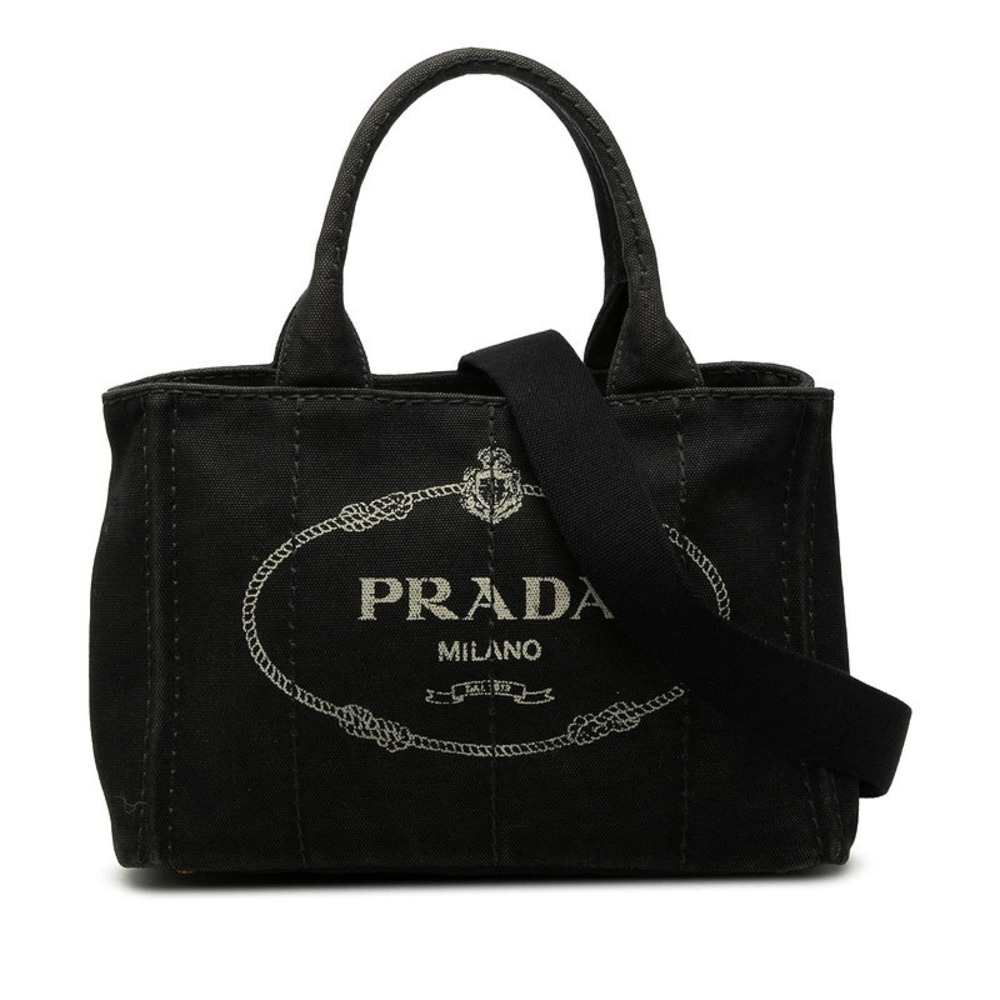 Prada Triangle Plate Canapa 2way Shoulder Bag Black Canvas